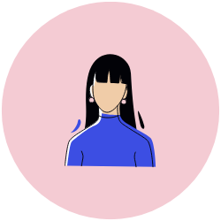 Illustration einer Frau mit langen schwarzen Haaren und blauem Rollkragenpullover vor rosa Hintergrund