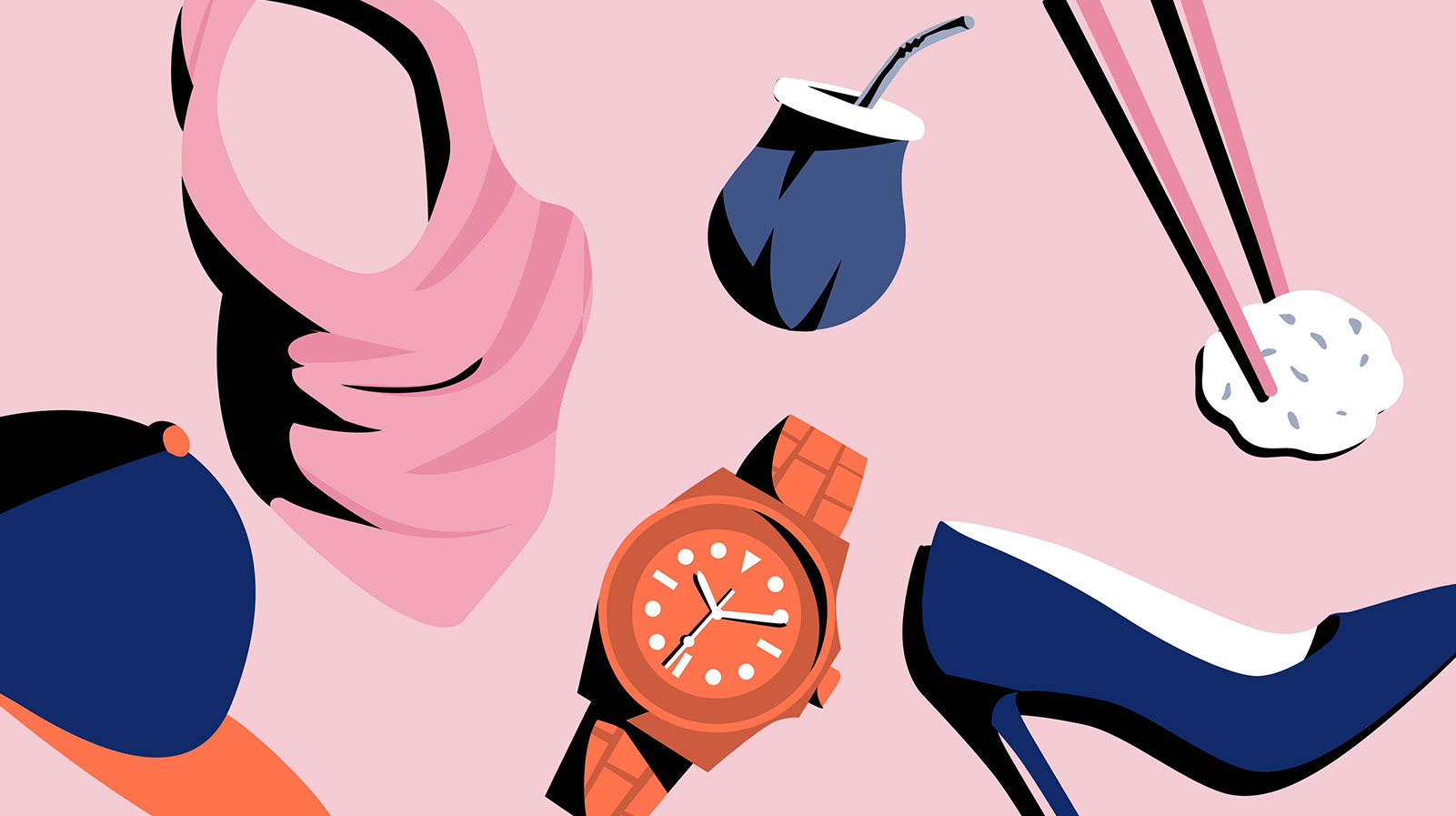 Illustration von Mütze, Kopftuch, Armbanduhr, High Heel und Sushi-Stäbchen.