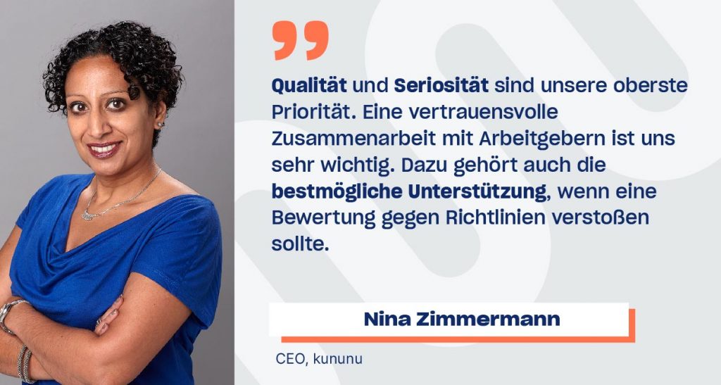 Bild von Nina Zimmermann, CEO bei kununu, mit einem Zitat zur Qualitätsversprechen an Arbeitgebern auf kununu.