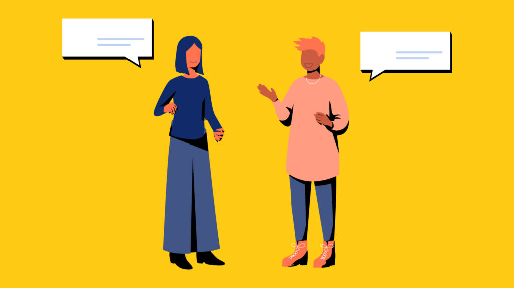Zwei illustrierte Personen, die ein Gespräch führen. Symbolbild für das Q&A-Feature von kununu.