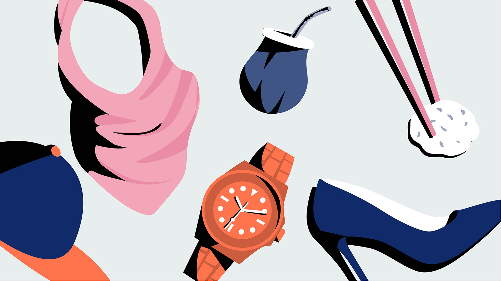 Illustration von Mütze, Kopftuch, Armbanduhr, High Heel und Sushi-Stäbchen als Sinnbild für Diversität und LGTBQ+