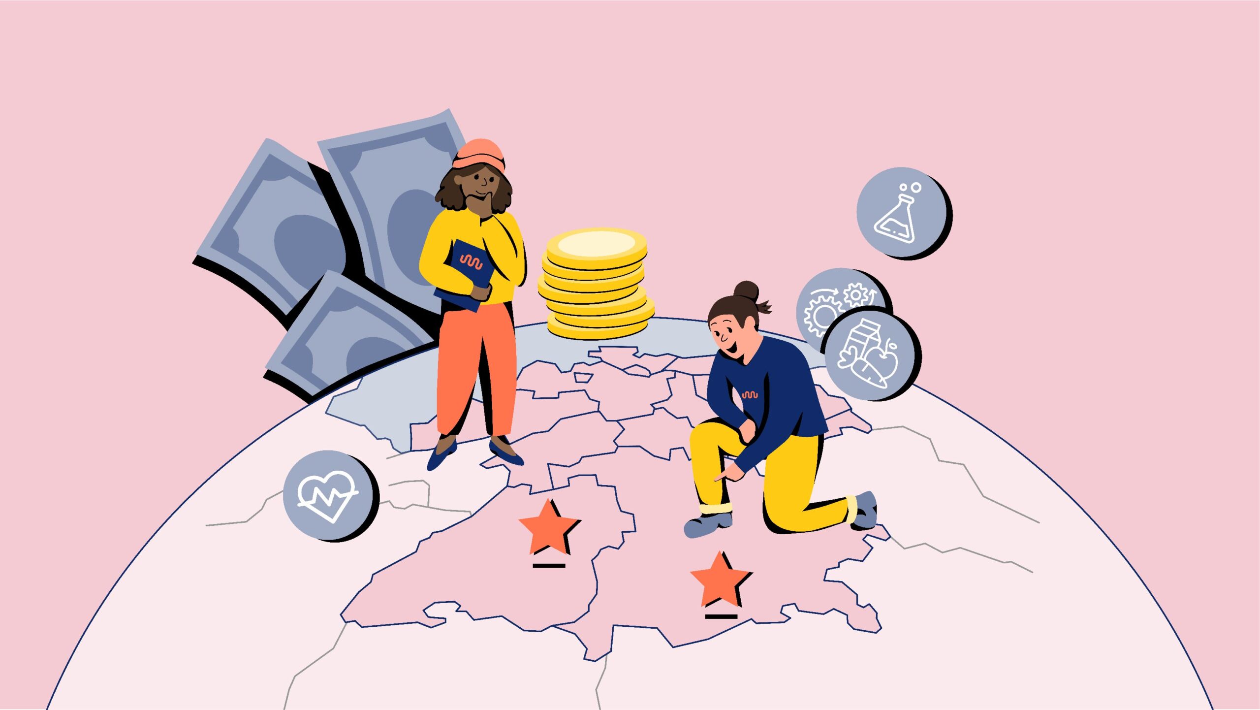 Illustration vom kununu Gehaltscheck auf dem zwei Personen auf einem Globus stehend und sitzend auf eine Deutschlandkarte schauen.