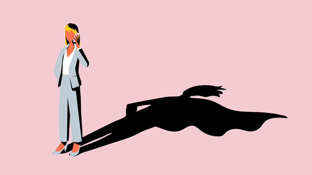 Illustration von Frau mit Handy an der Hand. Sie wirft einen Schatten, der ein Cape andeutet. Die Illustration steht symbolisch für das "heldenhafte" Engagement von der cronos Unternehmensberatung auf kununu.