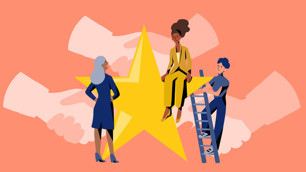 Illustration von drei Personen, wovon eine eine Leiter aufsteigt und eine weitere auf einem großen Stern sitzt, sinnbildlich für die Recruiter:innen, die einen wichtigen Beitrags für den Unternehmenserfolg beisteuern.