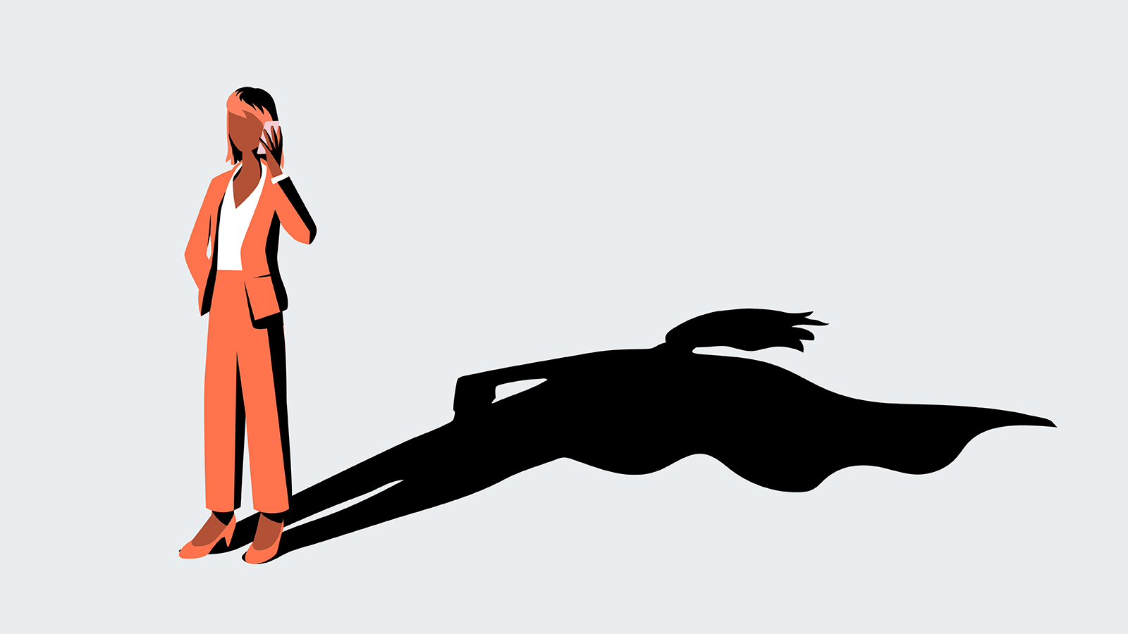 Illustration von Frau mit Handy an der Hand. Sie wirft einen Schatten, der ein Cape andeutet. Die Illustration steht symbolisch für das "heldenhafte" Engagement von der Maritim Hotelgesellschaft auf kununu.