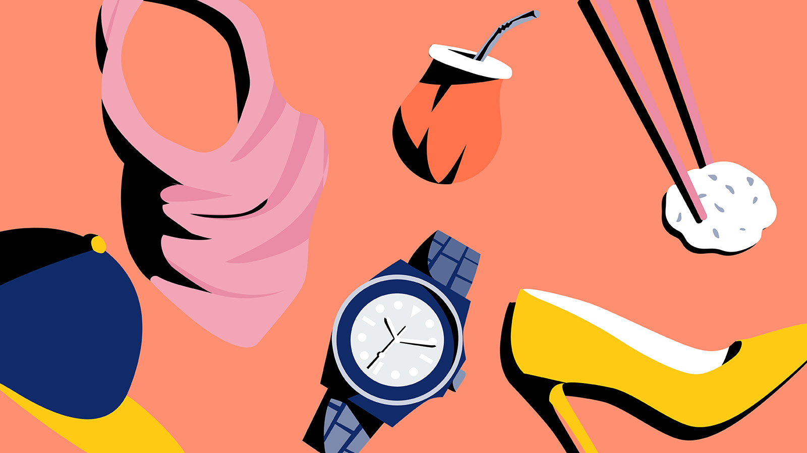Illustration von Mütze, Kopftuch, Armbanduhr, Trinkbehälter, High Heel und Sushistäbchen als Symbolbild für Diversität und Inklusion auf dem Arbeitsmarkt, über das Raúl Krauthausen im Interview erzählt.