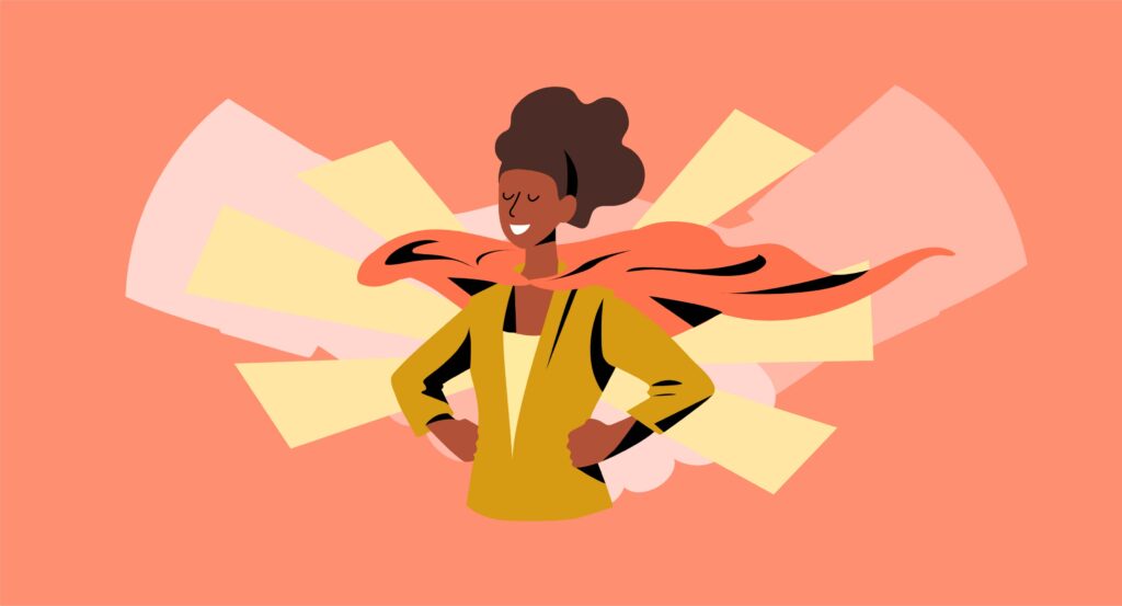 Illustration von eine Frau mit einem Super-Heldinnen-Cape, das symbolisch für die weibliche Führung steht, über die the female factor-Gründerinnen Mahdis Gharaei und Tanja Sternbauer einen Gastbeitrag für kununu geschrieben haben.