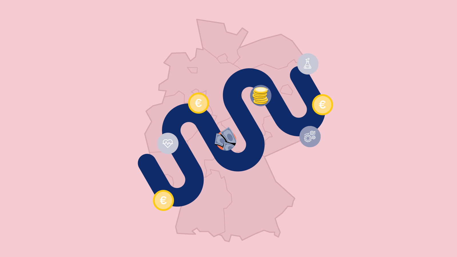 Illustration der Deutschlandkarte auf der das kununu Logo platziert ist sowie Icons mit Geldscheinen, Eurozeichen und Münzen als Symbolbild für den kununu Gehaltscheck 2024.
