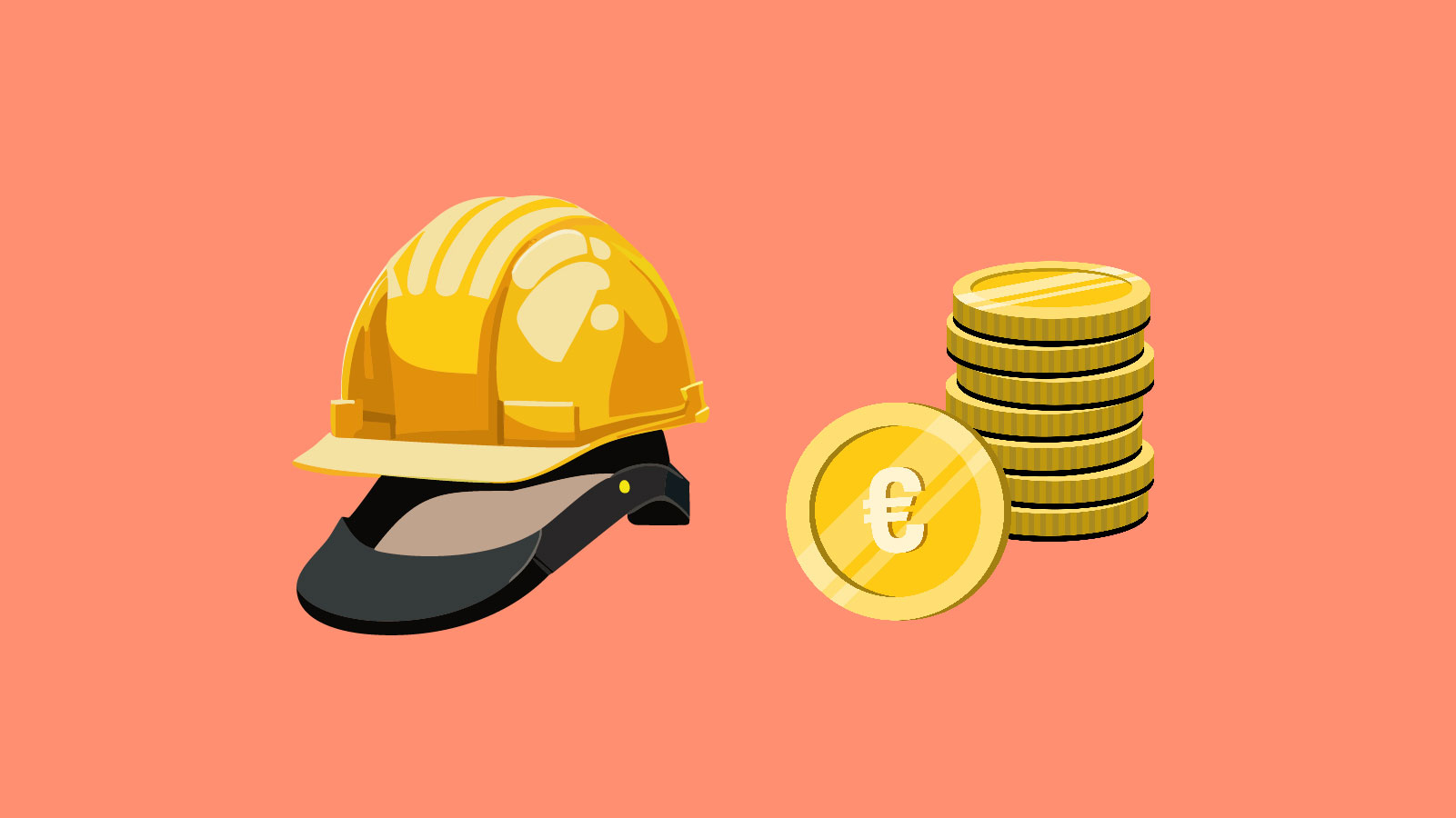 Illustration eines gelben Schutzhelms und mehrere Euro-Münzen, die sinnbildlich für Artikel "Wie viel verdient man im Mittelstand?" steht.