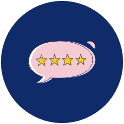 Sprechblase mit vier gelben Sternen auf rosa Hintergrund, umgeben von dunkelblauem Kreis