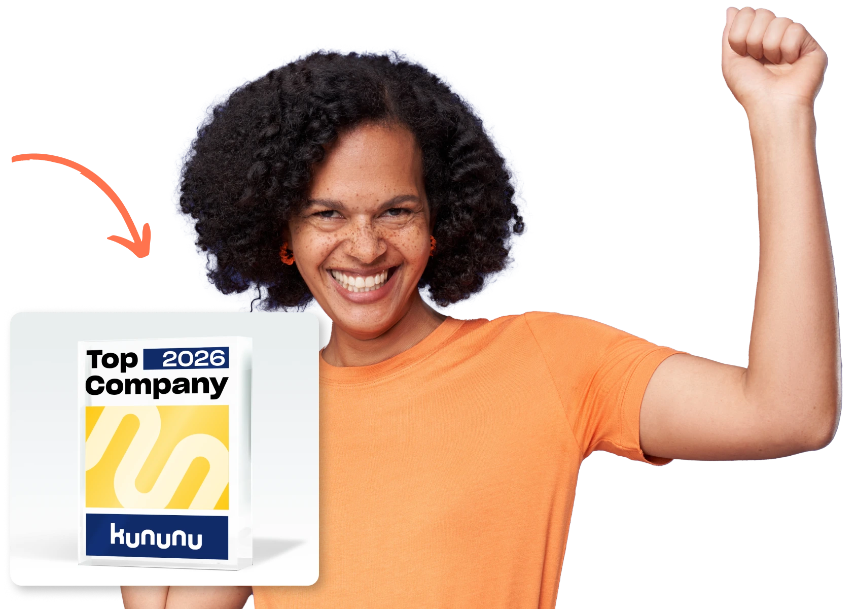 Frau wird eingeblendet. Sie ist gut gelaunt und vor ihr wird der Top Company 2026 Award eingeblendet