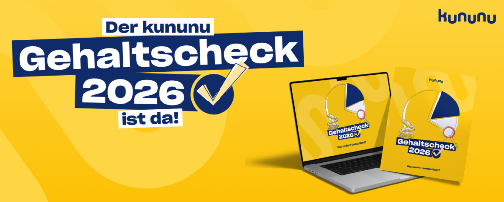 Werbeanzeige für kununu Gehaltscheck 2026 mit gelbem Hintergrund, Laptop und Broschüre.