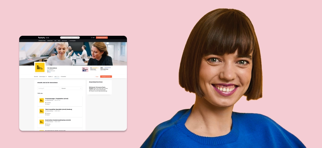 Die Abbildung zeigt den Screenshot eines Employer Branding Profils. Dahinter ist eine lächelnde Frau mit Laptop zu sehen. Symbolisch für die zahlreichen Vorteile der kununu Hiring Extension.