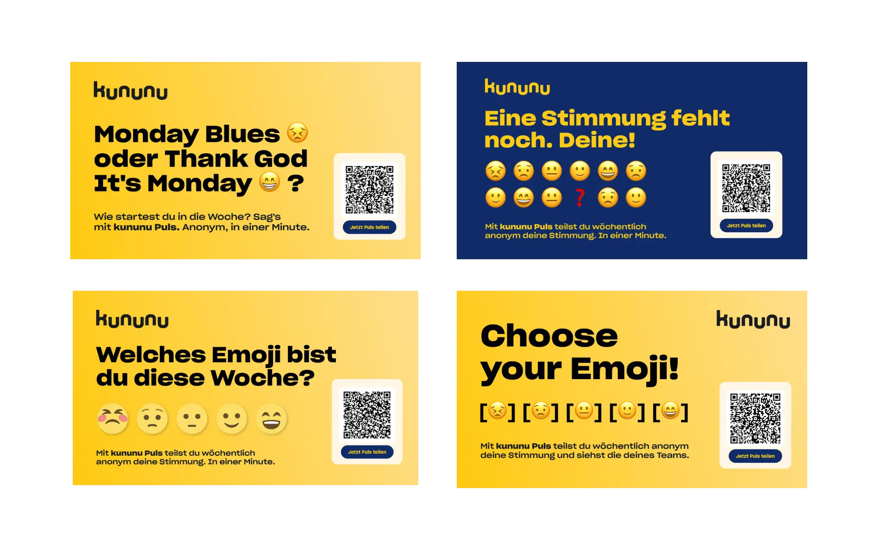 Vier quadratische Social-Media-Grafiken mit gelb/orange oder blauem Hintergrund, je eine QR-Code-Schaltfläche und Text zu Umfragen bzw. Emojis.