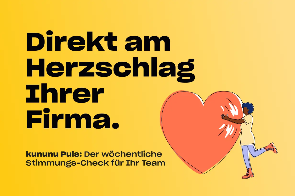 Großes schwarzes Textfeld auf gelber Hintergrundseite mit Herz-Illustration und Mensch, der Herz berührt.