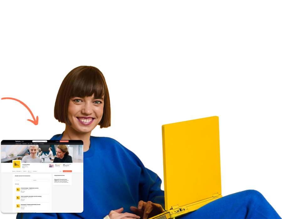 Eine Person in Blau mit gelbem Laptop und Website-Fenster samt Gesprächspfeil.