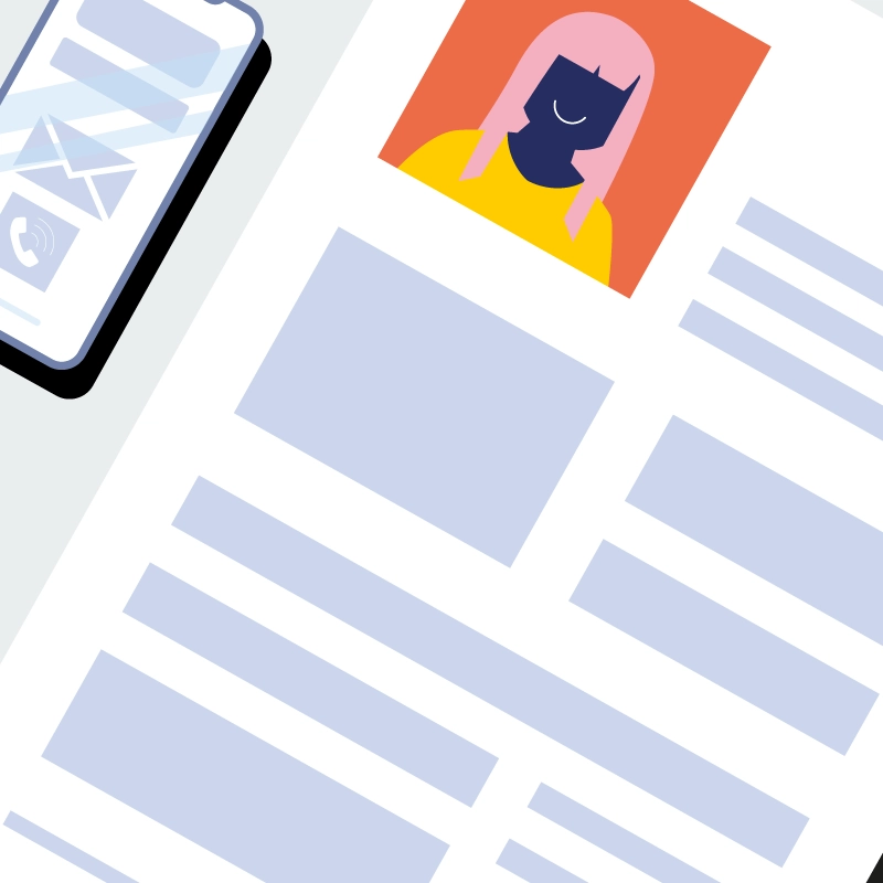 Smartphone mit E-Mail- und Anrufsymbolen neben Dokument mit Avatarbild und Textblöcken