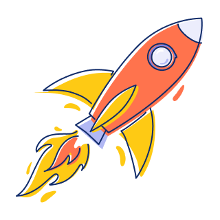 Stilisierte Rakete mit orangefarbenem Körper, gelben Flügeln, flammenabgebend im Flug.